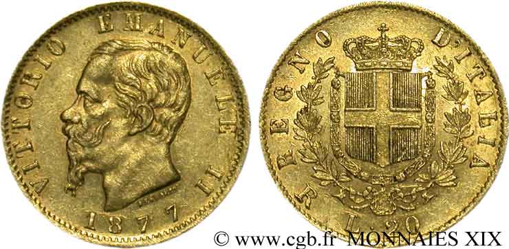 ITALIA - REGNO D ITALIA - VITTORIO EMANUELE II 20 lires or 1877 Rome AU 