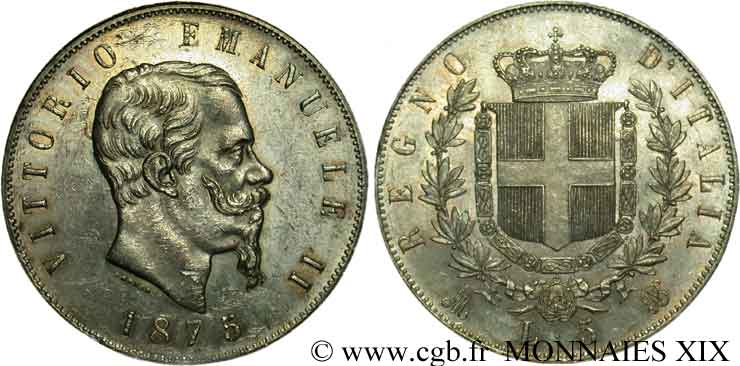 ITALY - KINGDOM OF ITALY - VICTOR-EMMANUEL II 5 lires 1875 Milan AU 