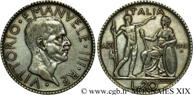 ITALY - KINGDOM OF ITALY - VICTOR-EMMANUEL III 20 lires au licteur 1928 Rome XF 