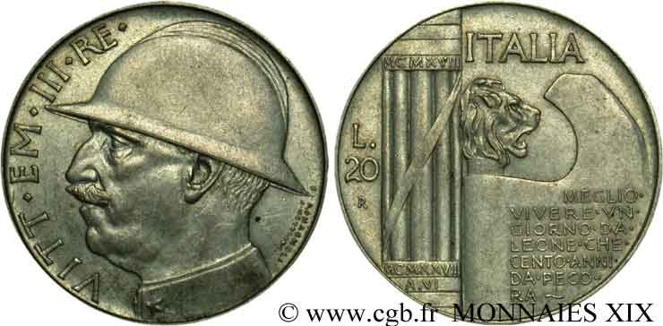 ITALY - KINGDOM OF ITALY - VICTOR-EMMANUEL III 20 lires Ar 35, 10e anniversaire de la fin de la Première Guerre mondiale 1928 Rome AU 