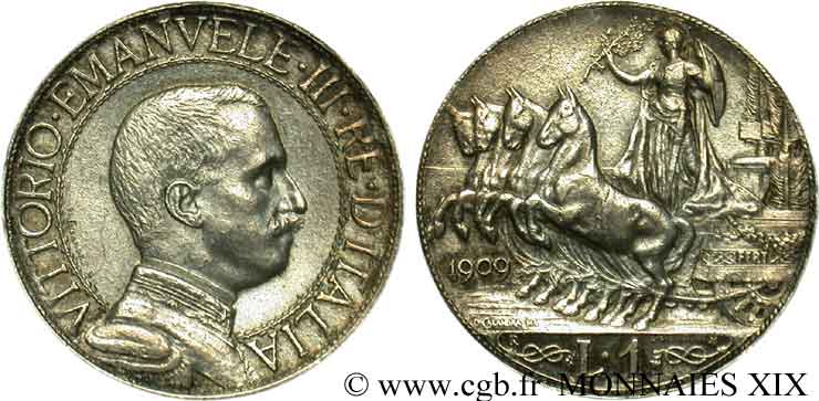 ITALIE - ROYAUME D ITALIE - VICTOR-EMMANUEL III 1 lire au quadrige 1909 Rome SUP 