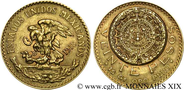 MEXIQUE - RÉPUBLIQUE 20 pesos or 1918 Mexico SS 