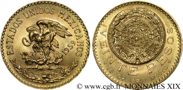 MEXIQUE - RÉPUBLIQUE 20 pesos or 1959 Mexico VZ 