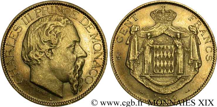 MONACO - PRINCIPAUTÉ DE MONACO - CHARLES III 100 francs or 1884 Paris MBC 