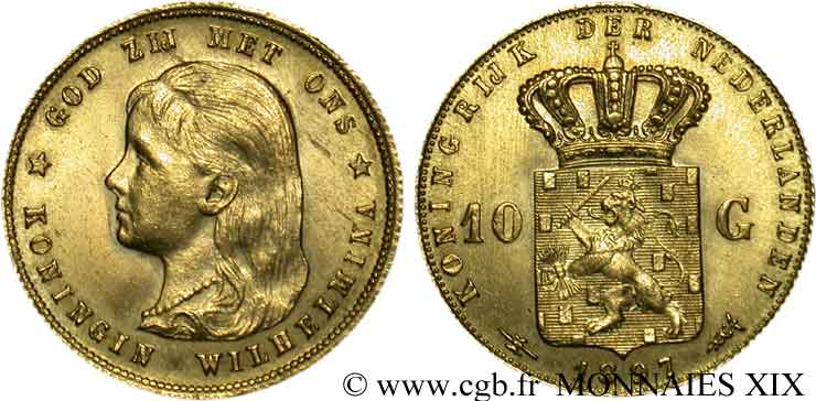 PAYS-BAS - ROYAUME DES PAYS-BAS - WILHELMINE 10 guldens or ou 10 florins 1er type 1897 Utrecht AU 