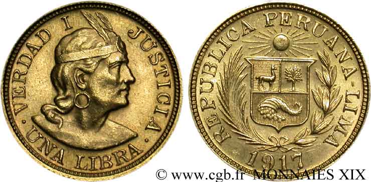 PERú - REPúBLICA Libra en or 1917 Lima EBC 