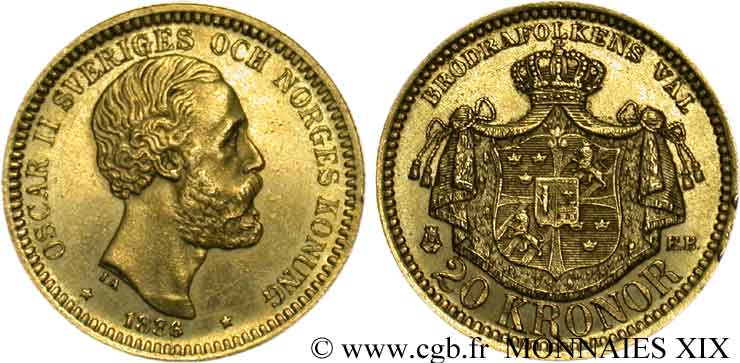 SUÈDE - ROYAUME DE SUÈDE - OSCAR II 20 kronor, 3e type 1886 Stockholm EBC 