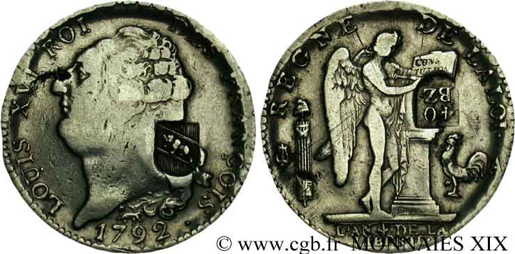LOUIS XVI (MONARQUE CONSTITUTIONNEL)  40 batzen contremarqué sur un écu au Génie type François 1792 Paris TB 
