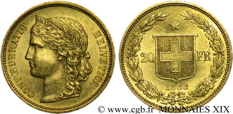 SWITZERLAND - HELVETIC CONFEDERATION 20 francs or 1883 Berne XF 