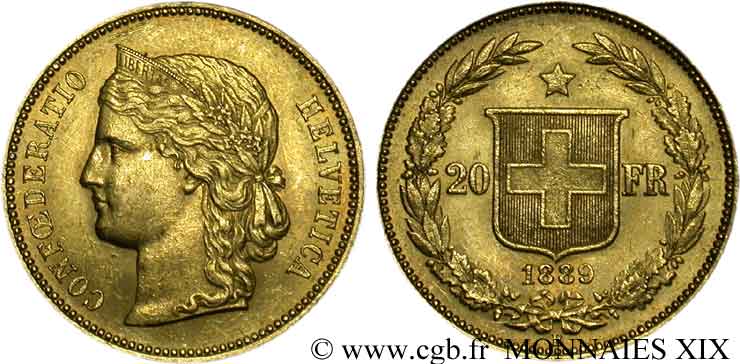 SWITZERLAND - CONFEDERATION OF HELVETIA 20 francs or 1889 Berne XF 
