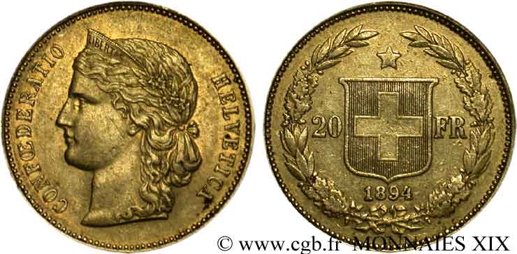 SWITZERLAND - HELVETIC CONFEDERATION 20 francs or 1894 Berne XF 