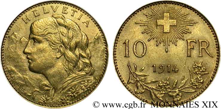 SWITZERLAND - HELVETIC CONFEDERATION 10 francs or  Vreneli  1914 Berne MBC 