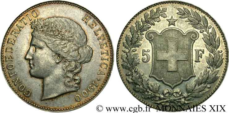 SWITZERLAND - CONFEDERATION OF HELVETIA 5 francs 1900 Berne XF 