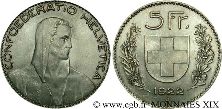 SWITZERLAND - CONFEDERATION OF HELVETIA 5 Francs berger / écu 1922 Berne MS 