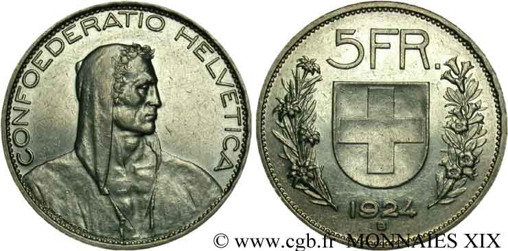 SWITZERLAND - HELVETIC CONFEDERATION 5 Francs berger / écu 1924 Berne XF 
