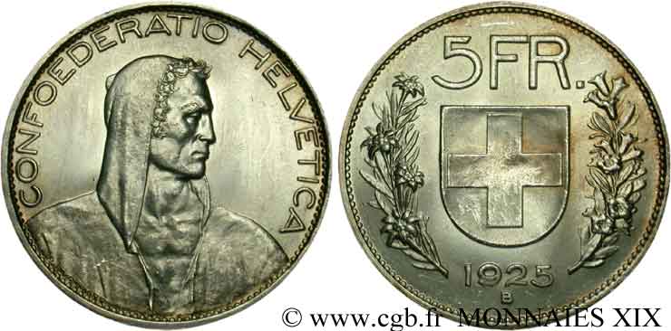 SWITZERLAND - CONFEDERATION OF HELVETIA 5 Francs berger / écu 1925 Berne MS 