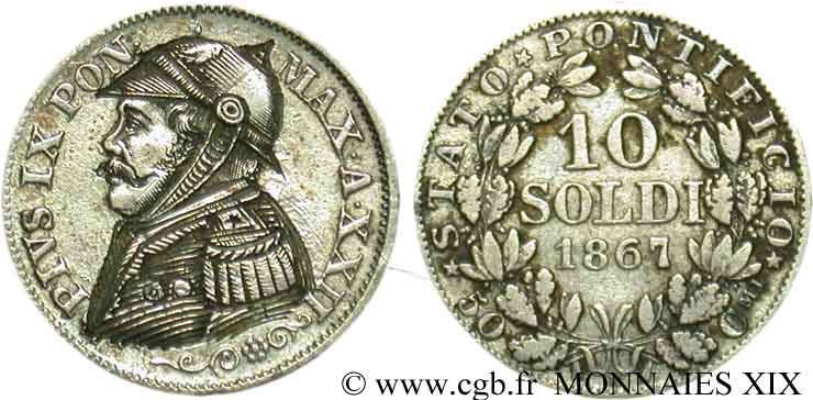 ITALIA - ESTADOS PONTIFICOS - PIE IX (Giovanni Maria Mastai Ferrettii) Monnaie satirique, module de 10 soldi, regravée 1867 Rome MBC 