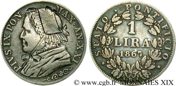ITALY - PAPAL STATES - PIUS IX (Giovanni Maria Mastai Ferretti) Monnaie satirique, module de 1 lire, regravée 1867 Rome XF 