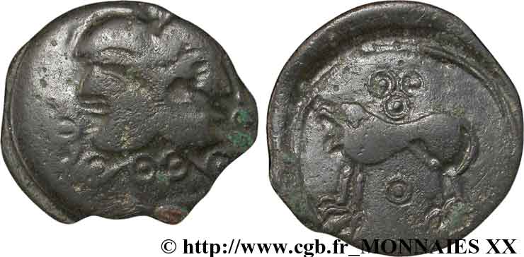 GALLIEN - BELGICA - SUESSIONES (Region die Soissons) Bronze à la tête janiforme, classe II SS/fVZ
