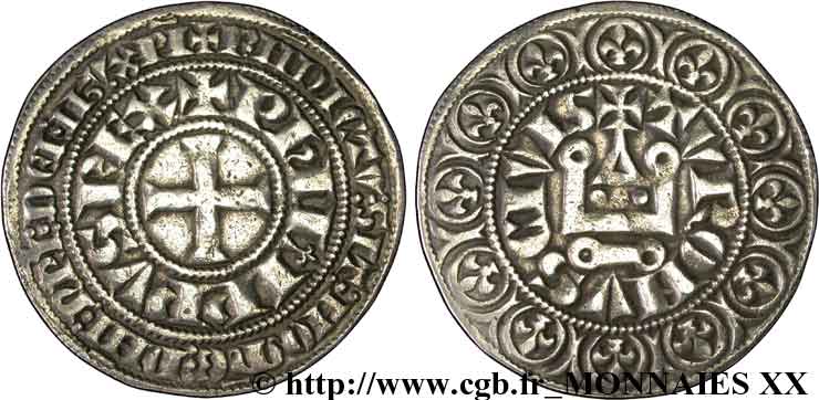 PHILIPPE IV LE BEL Gros tournois à l O long c. 1290-1295  TTB