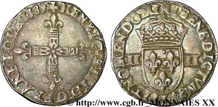 HENRI III Quart d écu, croix de face 1589 Bayonne TTB+