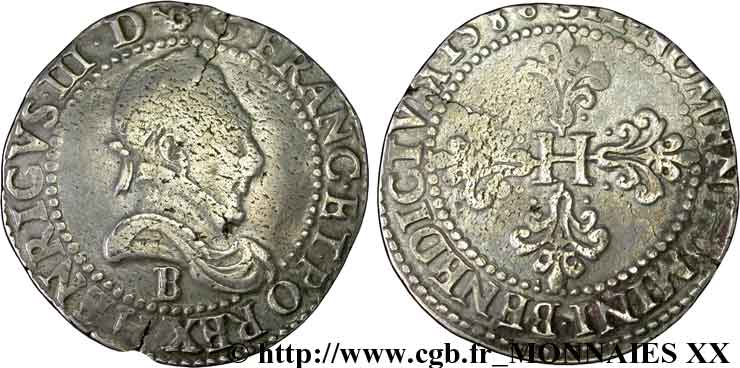 HENRI III Franc au col plat 1586 Rouen TB+/TTB