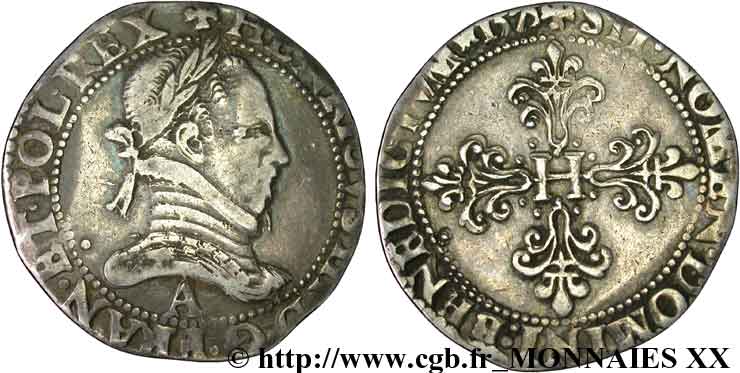 HENRY III Franc au col plat 1575 Paris XF