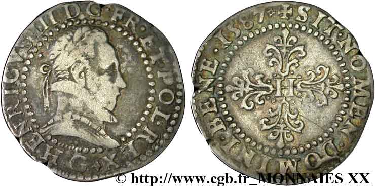HENRI III Demi-franc au col plat 1587 (1591-1592) Poitiers TB+/TTB