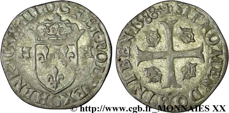 HENRI III Douzain aux deux H, 1er type 1588 Poitiers TTB+