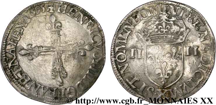 HENRI IV LE GRAND Quart d écu, croix bâtonnée et fleurdelisée de face 1595 Amiens TTB