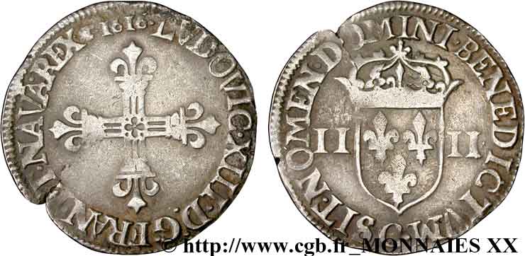 LOUIS XIII  Quart d&nbsp;écu, à la croix fleurdelisée, titulature côté croix 1616 Saint-Lô XF