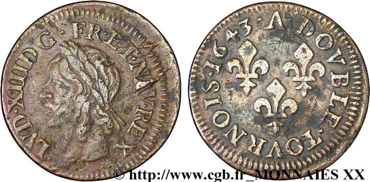 LOUIS XIII  Double tournois, type de Warin 1643 Corbeil BB