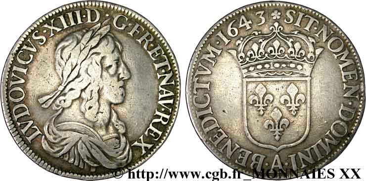 LOUIS XIII  Écu, buste drapé et cuirassé (2e buste de Jean Warin) 1643 Paris, Monnaie de Matignon S