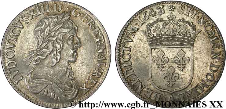 LOUIS XIII  Quart d écu, buste drapé et cuirassé (2e buste de Jean Warin) 1643 Paris, Monnaie de Matignon SC