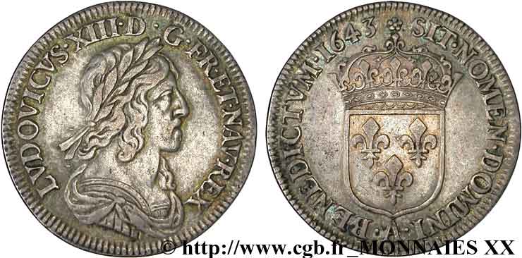 LOUIS XIII LE JUSTE Quart d écu d argent, 3e type, 2e poinçon de Warin 1643 Paris, Monnaie de Matignon TTB+
