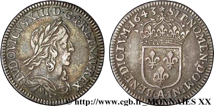 LOUIS XIII LE JUSTE Douzième d écu, 3e type, 2e poinçon de Warin 1643 Paris, Monnaie de Matignon TTB
