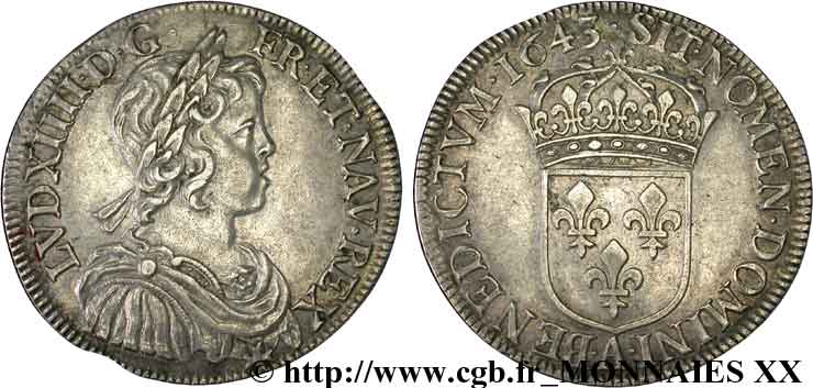 LOUIS XIV  THE SUN KING  Demi-écu à la mèche courte 1643 Paris, Monnaie du Louvre AU