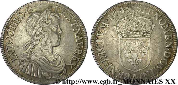 LOUIS XIV LE GRAND OU LE ROI SOLEIL Demi-écu à la mèche courte 1645 Paris, Monnaie du Louvre TTB