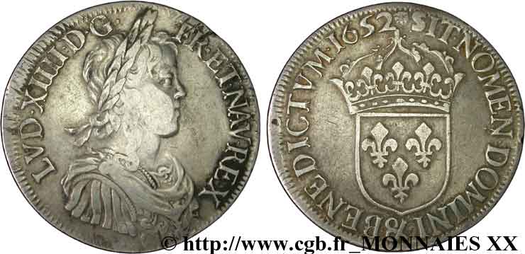 LOUIS XIV LE GRAND OU LE ROI SOLEIL Écu à la mèche longue 1652 Aix-en-Provence TB+/TTB
