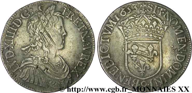 LOUIS XIV  THE SUN KING  Écu à la mèche longue 1653 Rennes XF