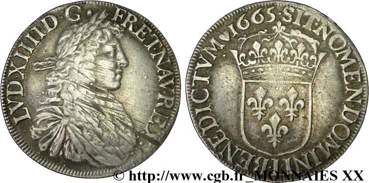 LOUIS XIV &nbsp;THE SUN KING&nbsp; Écu au buste juvénile, 2e type 1665 Bayonne XF
