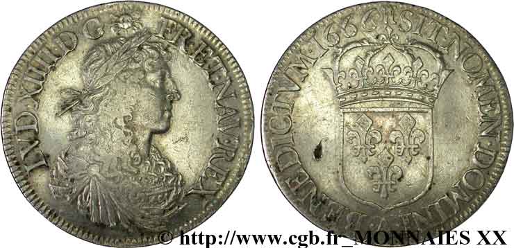 LOUIS XIV  THE SUN KING  Écu au buste juvénile, 1er type 1666 Paris MBC