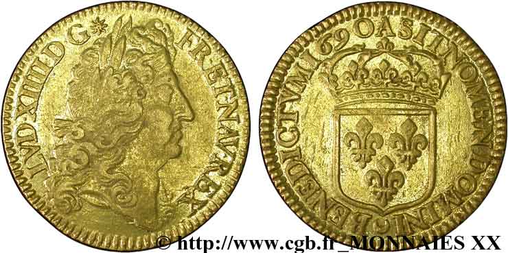 LOUIS XIV LE GRAND OU LE ROI SOLEIL Double louis d or à l écu à la tranche cordonnée 1690 Paris TTB+