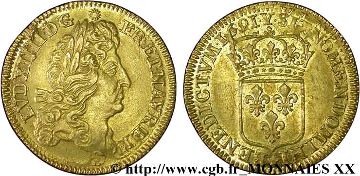LOUIS XIV LE GRAND OU LE ROI SOLEIL Louis d or à l écu 1691 Bourges SUP