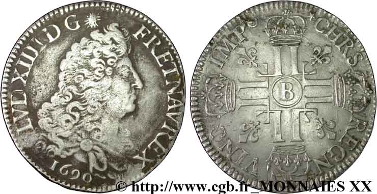 LOUIS XIV  THE SUN KING  Écu aux huit L, 1er type 1690 Rouen fSS/SS