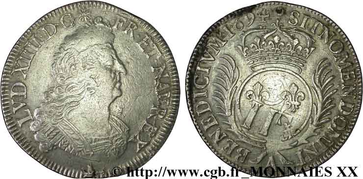 LOUIS XIV LE GRAND OU LE ROI SOLEIL Demi-écu aux palmes 1694 Paris TB+/TTB