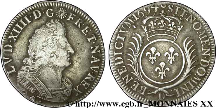 LOUIS XIV LE GRAND OU LE ROI SOLEIL Quart d&nbsp;écu aux palmes 1694 Lyon TB+/TTB