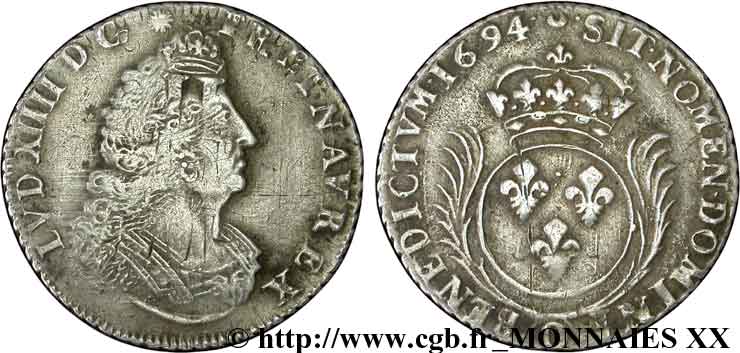 LOUIS XIV  THE SUN KING  Quart d écu aux palmes 1694 Riom VF