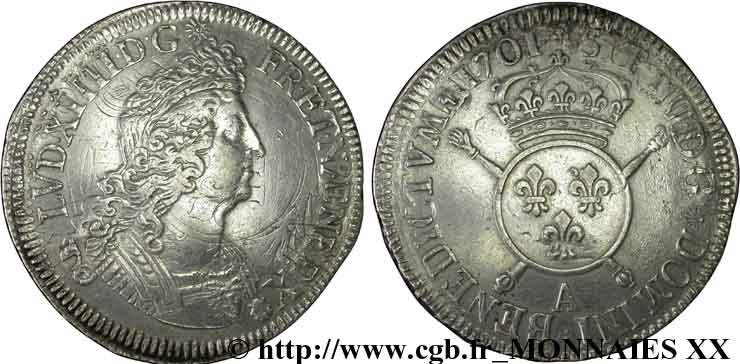 LOUIS XIV  THE SUN KING  Écu aux insignes 1701 Paris MBC