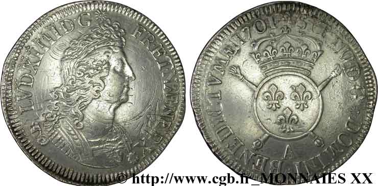 LOUIS XIV  THE SUN KING  Écu aux insignes 1701 Paris XF